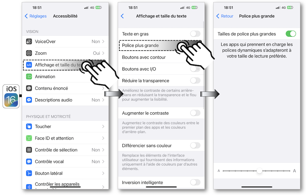 Sur iOS 16 : menu Réglages-Accessibilité-Affichage et taille du texte, activer Police plus grande